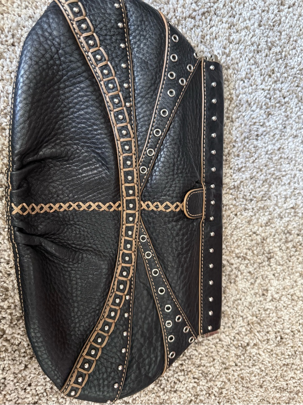 Cole Haan Black Leather Studded Clutch with Tan Trim